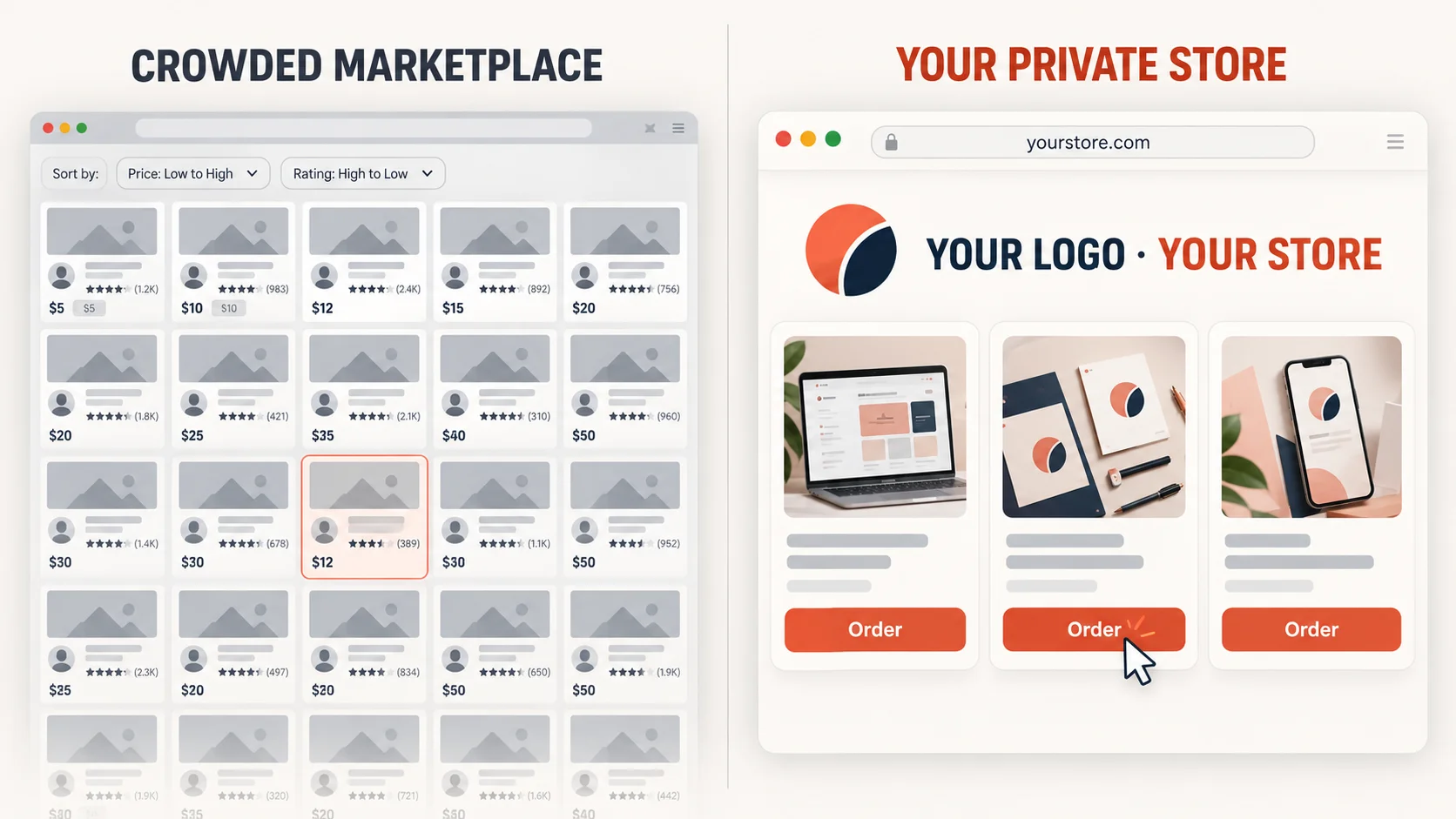 Side by side: a crowded marketplace grid of dozens of competing listings sorted
                    by price and rating, versus a single private storefront showing only your own
                    logo, products, and order buttons