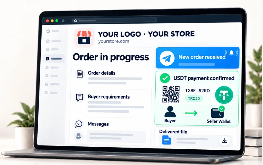 A Vendoss order dashboard on the seller's own branded storefront: a new-order
                Telegram alert, a confirmed USDT payment straight to the seller's own wallet, and
                the delivered file