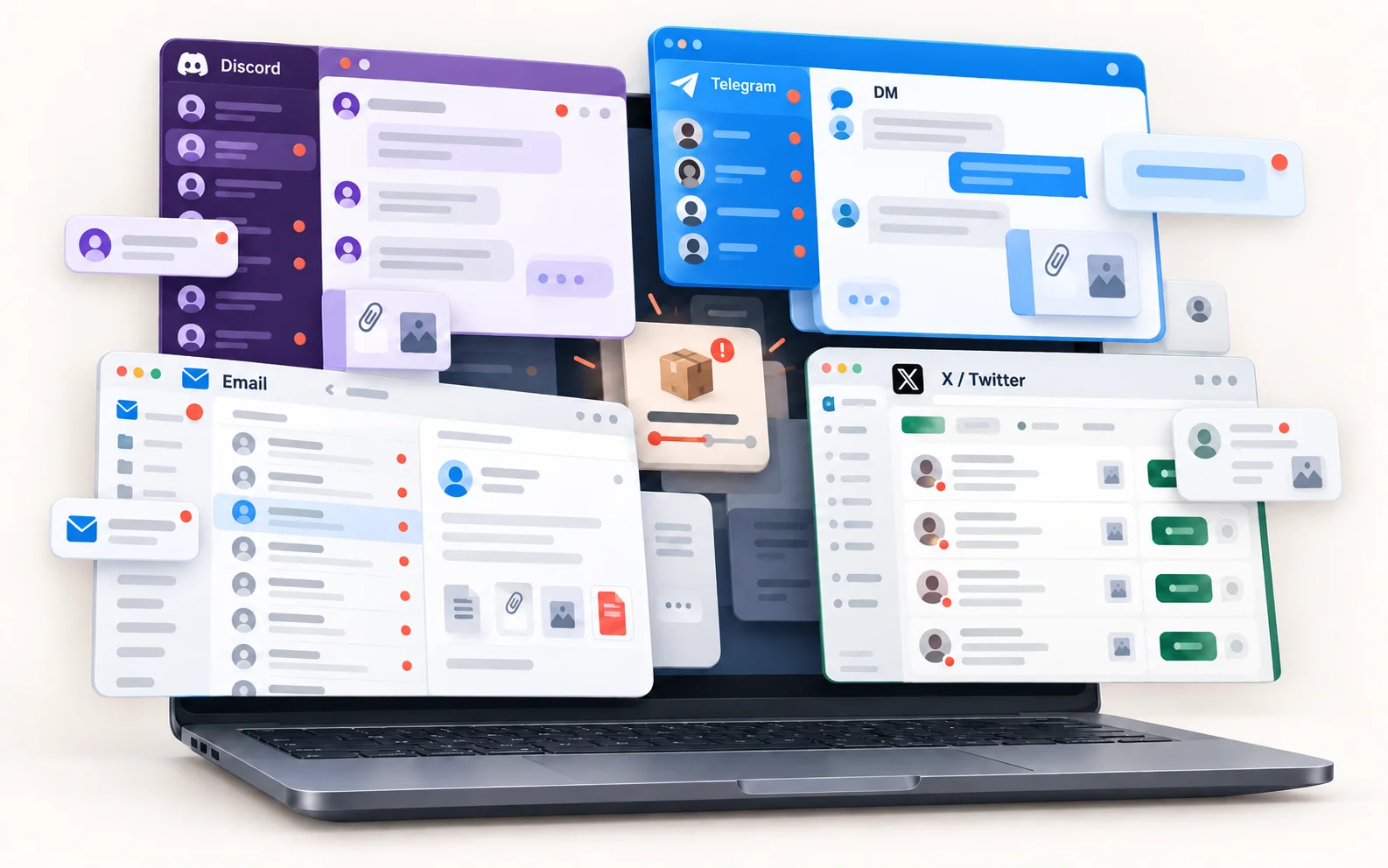 A laptop surrounded by floating chat windows from Discord, Telegram, DMs, Email,
                  and X/Twitter, each with its own unread notifications